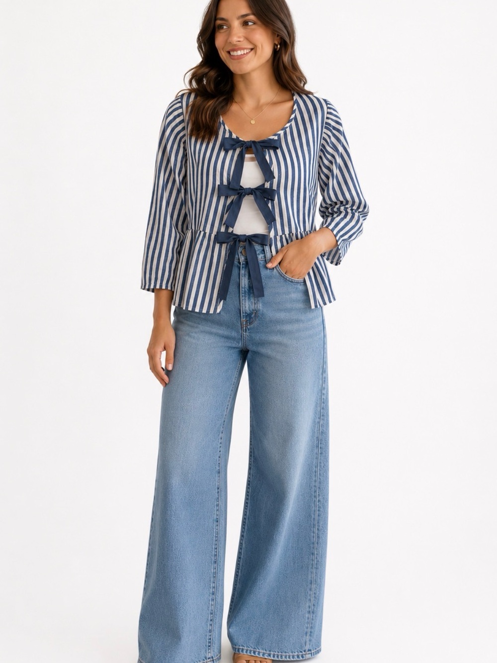 CocoBleu New York, NWT Blue & White Tie Front Linen Blend Blouse, Size M
